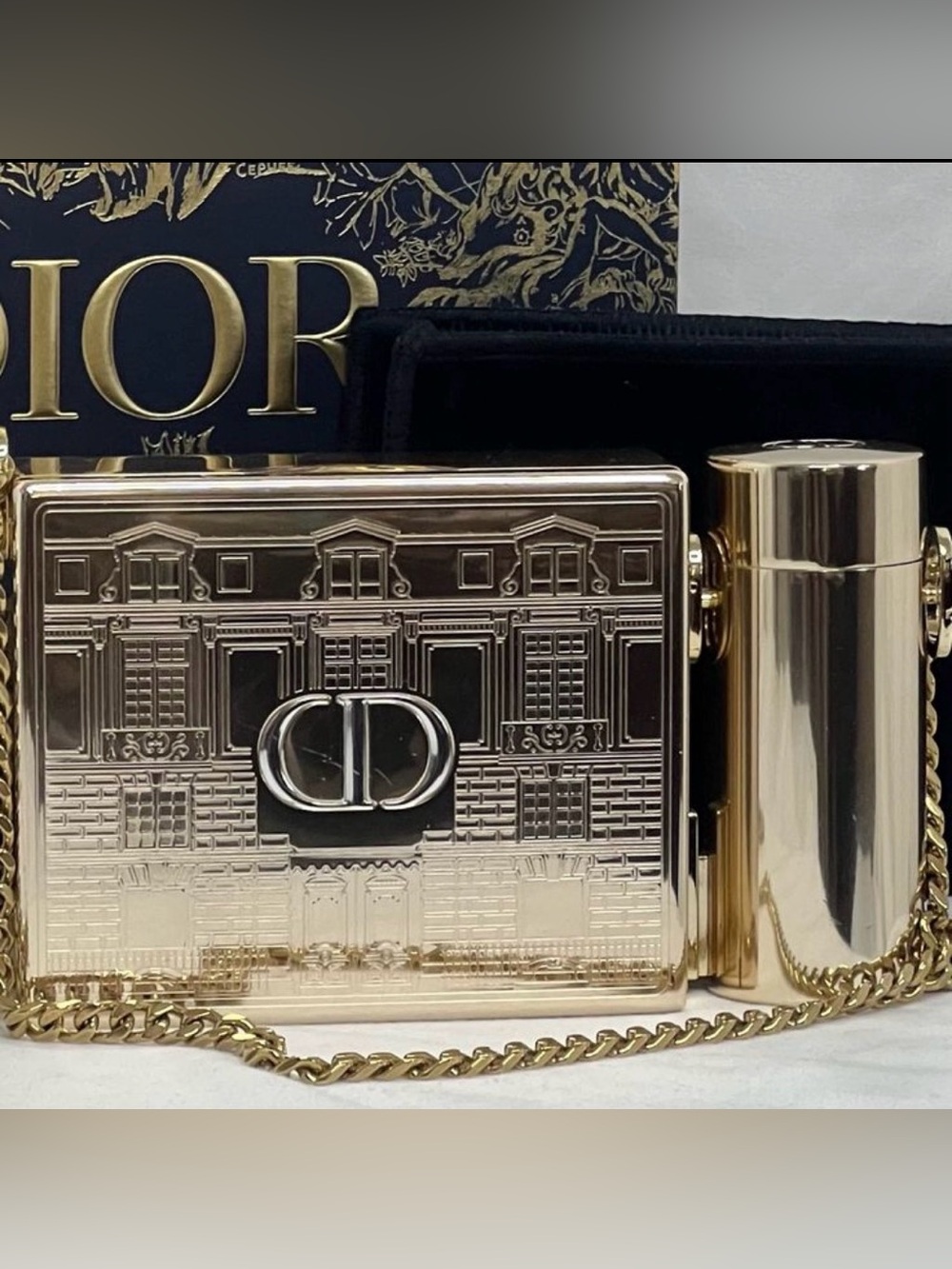 Dior Gold Metallic Embossed CD Box Clutch with Chain
